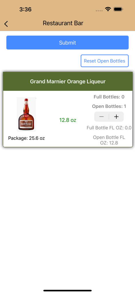 Barventory app interface tracking liquor bottle weight and quantity