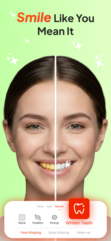 BodyUp: Body Shape Editor - Before and after comparison showing the teeth whitening feature in the BodyUp face editor