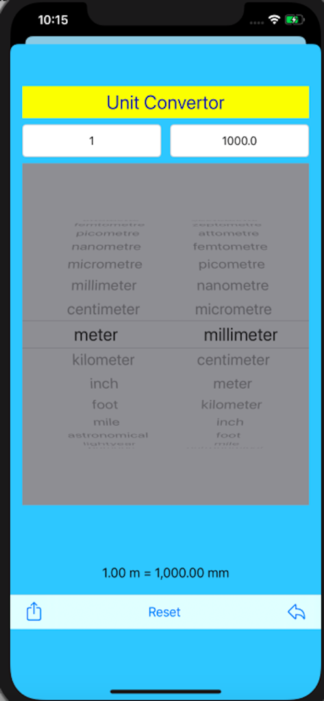 A unit converter screen within a science education app showing a conversion from meters to millimeters