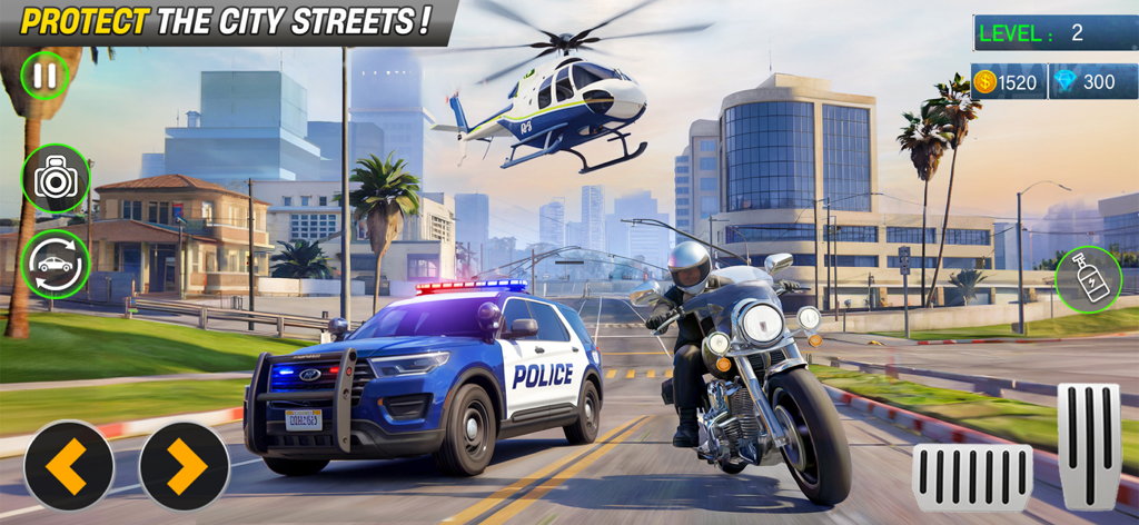 City Police War - Car Games 3D - SUV de policía, oficial de motocicleta y helicóptero patrullando las calles de la ciudad en un juego de simulación 3D