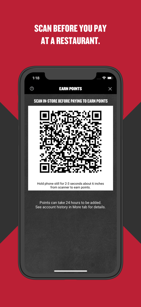 Charleys Rewards app screen displaying a QR code to scan in-store for earning points