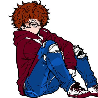 a male hoddie ripped jeans messy hair anime
