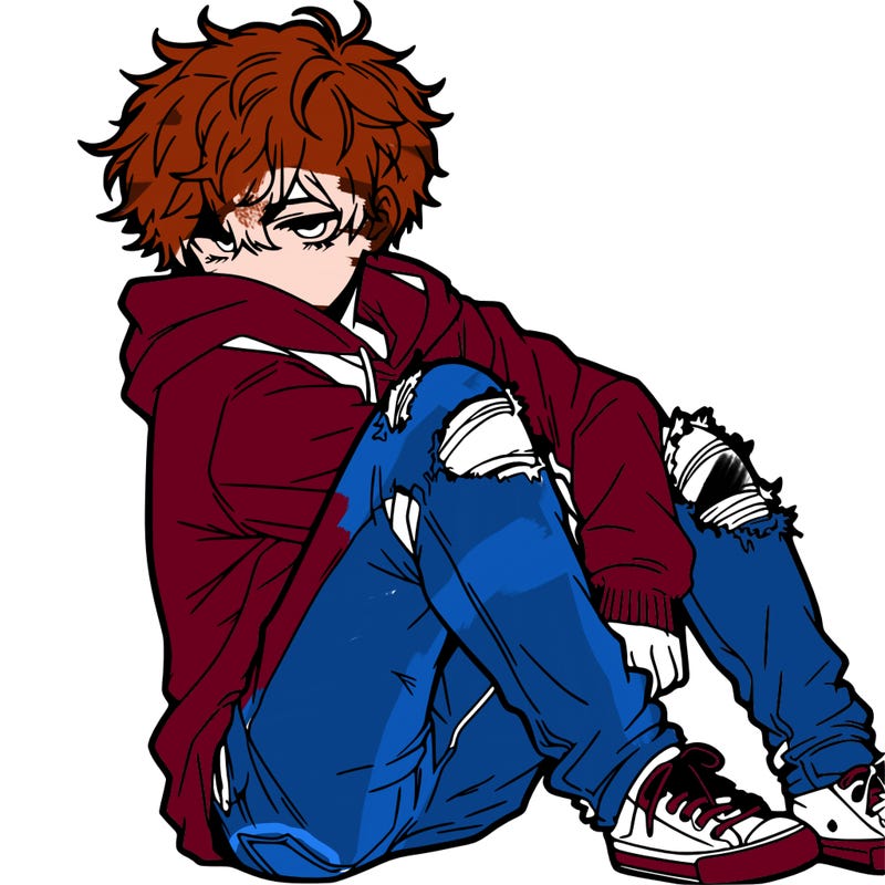 a male hoddie ripped jeans messy hair anime