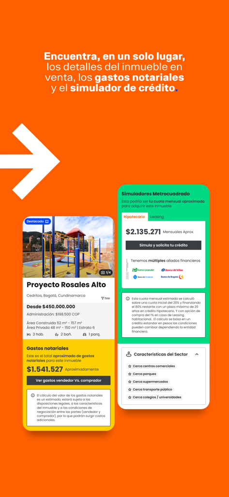 Metrocuadrado - Mobile app interface showing a property listing in Bogota with notary costs and a mortgage simulation tool.