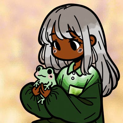 girl with long hair and a oversized shirt. and she is holding a frog