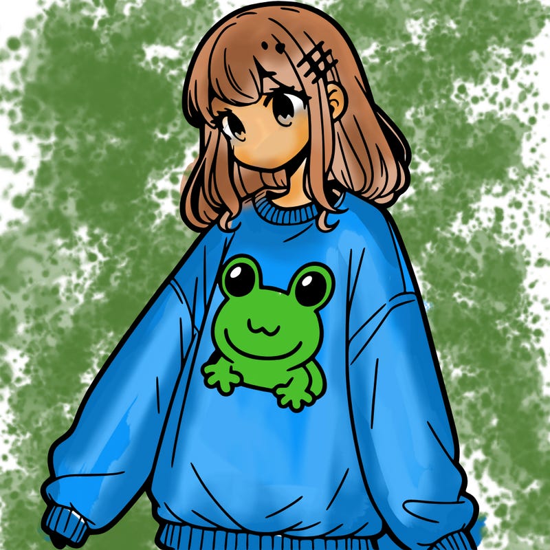 girl wearing frogging sweatshirt