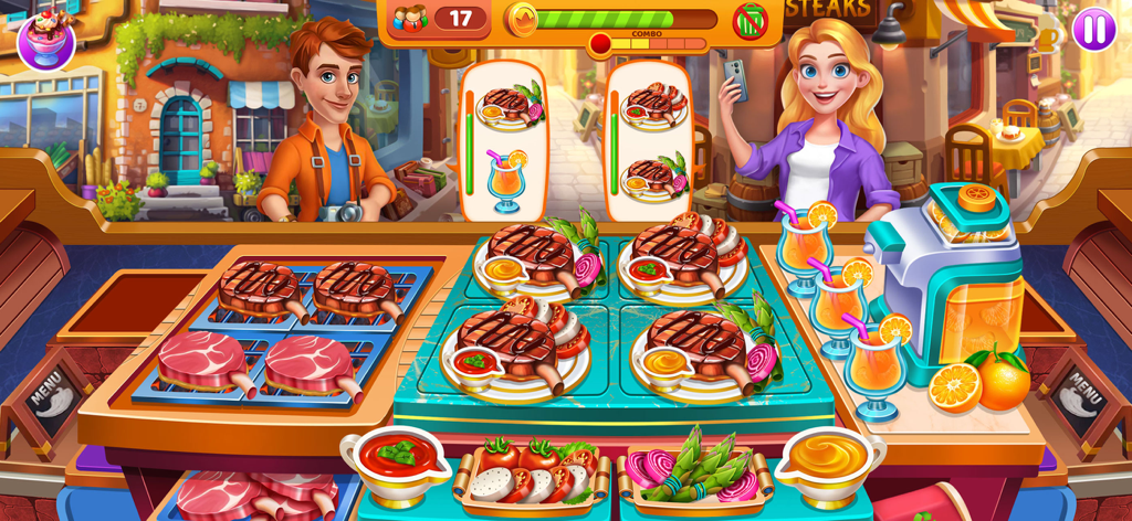 Cooking 2024 - Chef Food Games - Gameplay of Cooking 2024 showing a chef preparing steaks and orange juice for customers