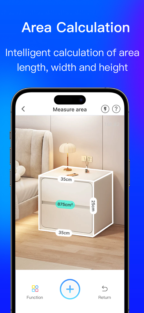 AI Scanner-Count&Measure - AI Scanner app demonstrating intelligent area and dimension calculation on a nightstand