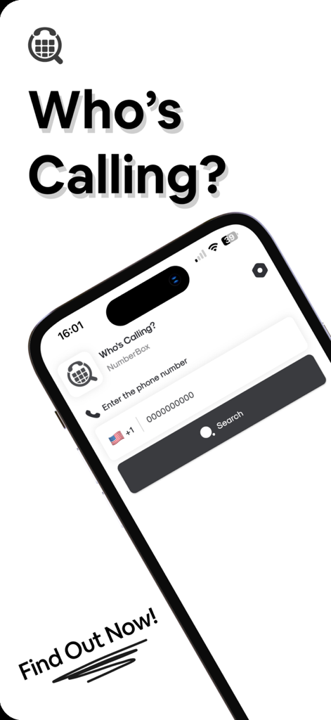 NumberBox:CallerID - NumberBox app search screen with Who is Calling headline and phone number lookup field