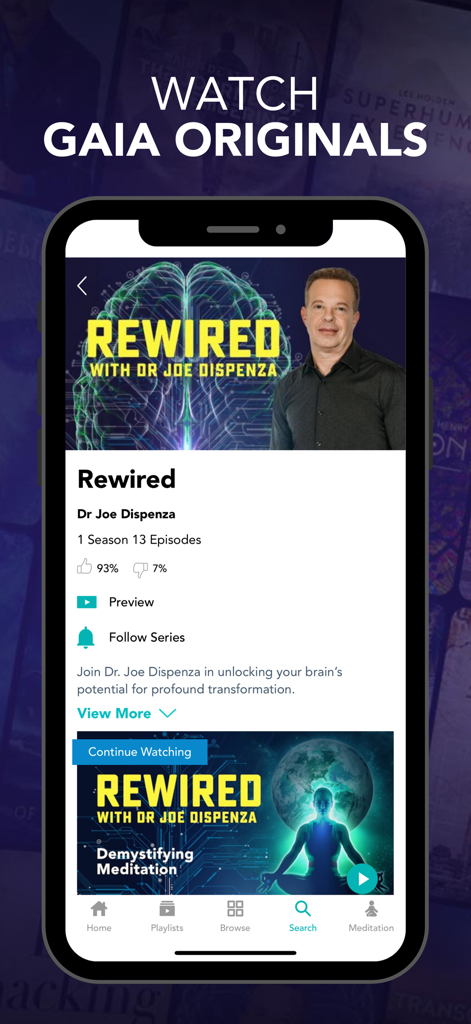 Gaia app interface displaying the original series Rewired with Dr. Joe Dispenza