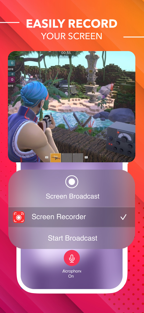 Screen Recorder ® - Interfaccia dell'app Screen Recorder che cattura un videogioco mobile con impostazioni di trasmissione