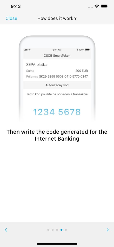 CSOB SmartToken app screen showing an authorization code for a SEPA payment