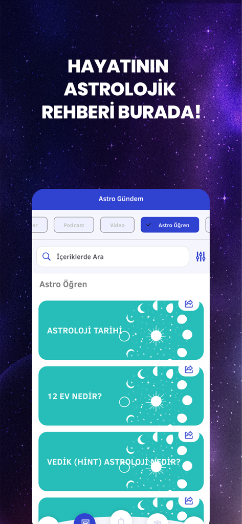 Twitburc: Astroloji & Burçlar - Mobile app interface of Twitburc showing the learning category with astrology lessons in Turkish over a starry background.