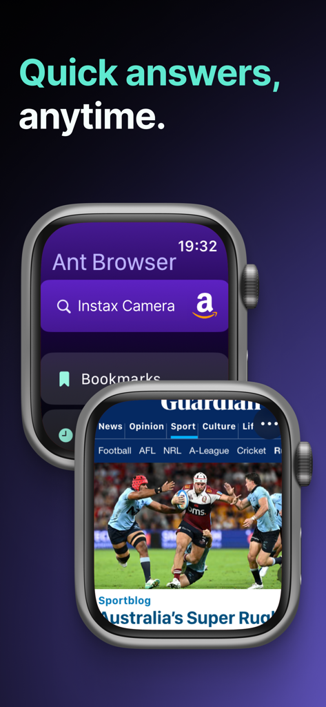 Ant Browser: Web on your Watch - Interface of Ant Browser on Apple Watch featuring a search bar and a full screen sports news article.