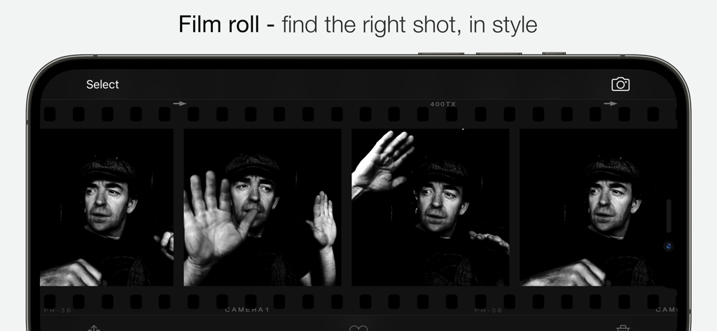Camera1 - Black & White Camera - Camera1 app film roll interface displaying black and white portrait photos in a classic film strip layout