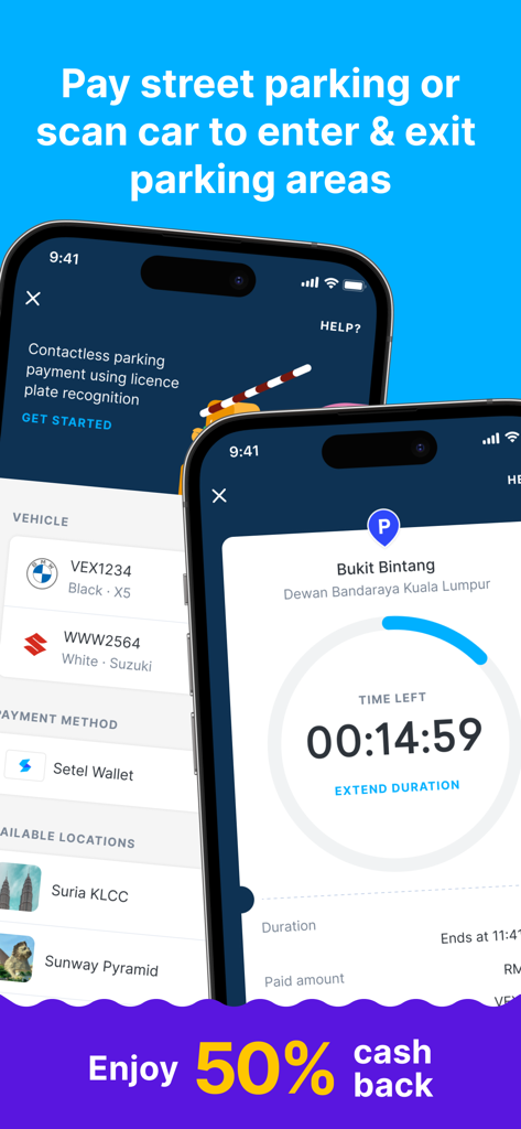 Setel app screens for contactless street parking and parking time monitoring.