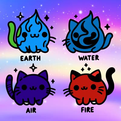 4 cats that represent the different elements, earth, water, air, and fire