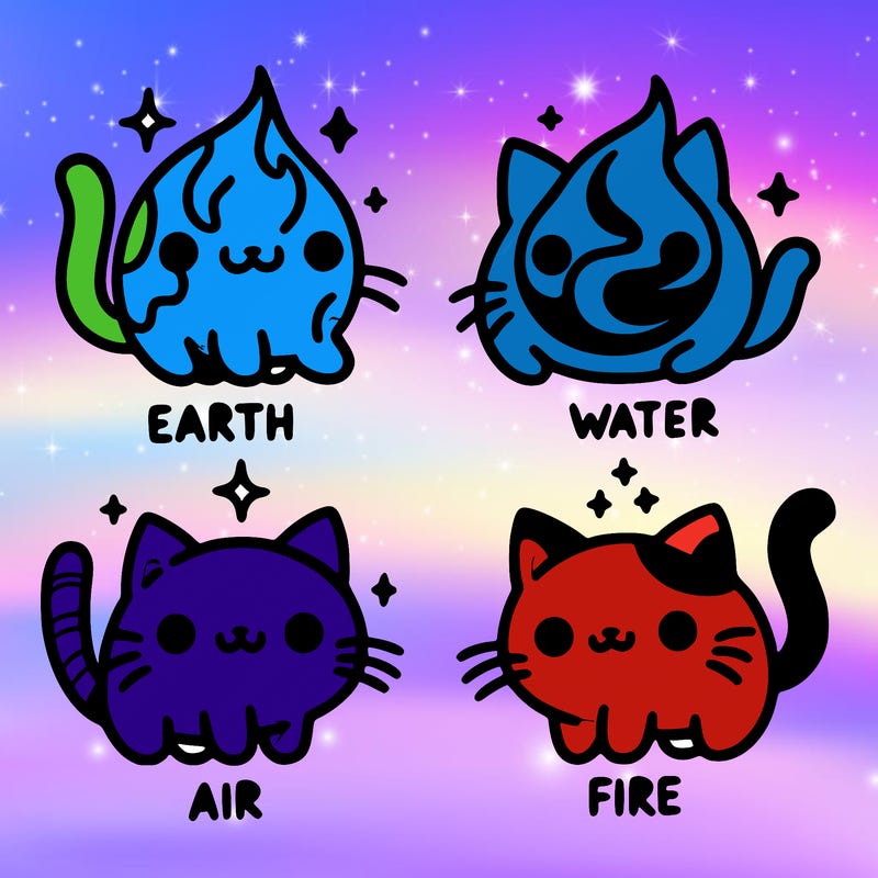 4 cats that represent the different elements, earth, water, air, and fire