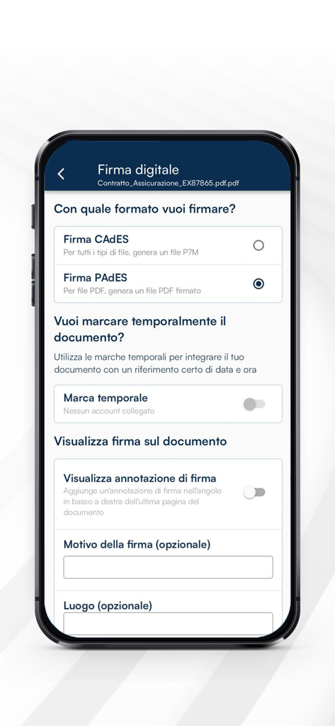 GoSign app screen showing digital signature format options like CAdES and PAdES with timestamp settings