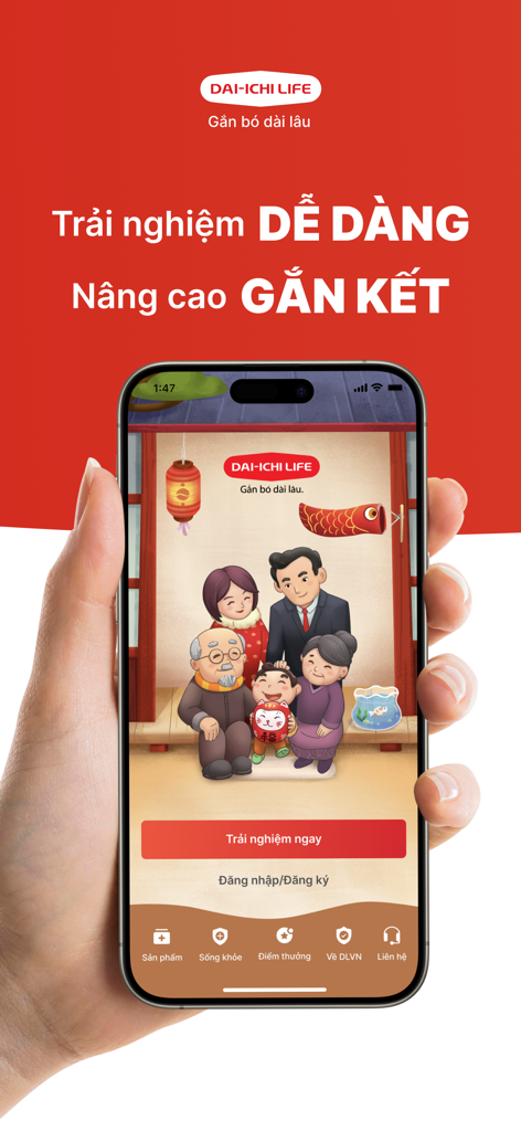 Dai-ichi Connect - A hand holding a smartphone displaying the Dai-ichi Connect insurance app welcome screen with a family illustration