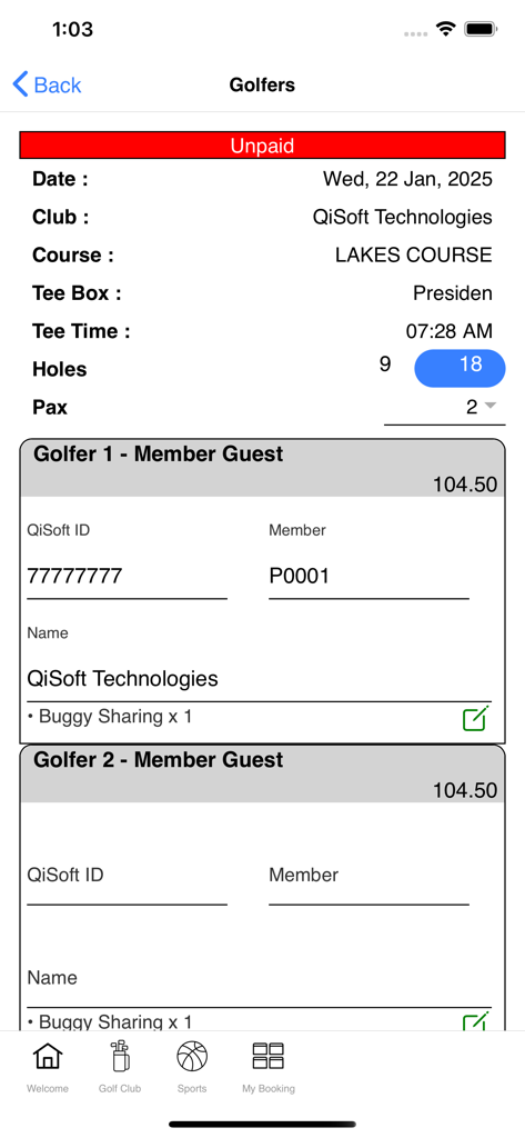 QiSoft Golf - Tee time booking summary for two golfers in the QiSoft Golf app