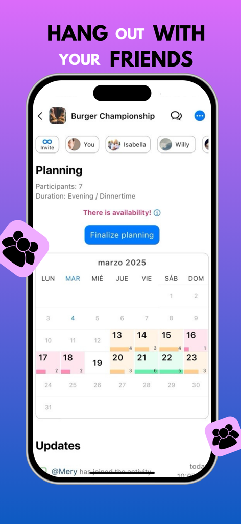 Tela do aplicativo Weebu Messenger mostrando um calendário de planejamento de eventos em grupo e a disponibilidade de participantes para sair com amigos