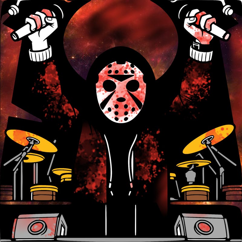 man with hockey mask and hoodie, raising his fist, on a stage