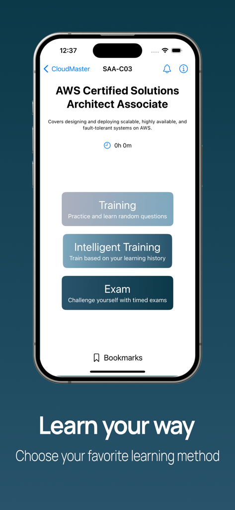 CloudMaster Swift - Interface do aplicativo CloudMaster Swift mostrando modos de treinamento e exame para AWS Certified Solutions Architect Associate