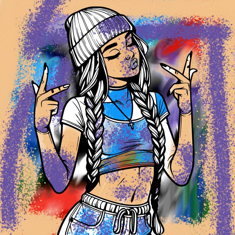 realistic teenage girl with braids and a beanie and crop top doing 🫶🏼