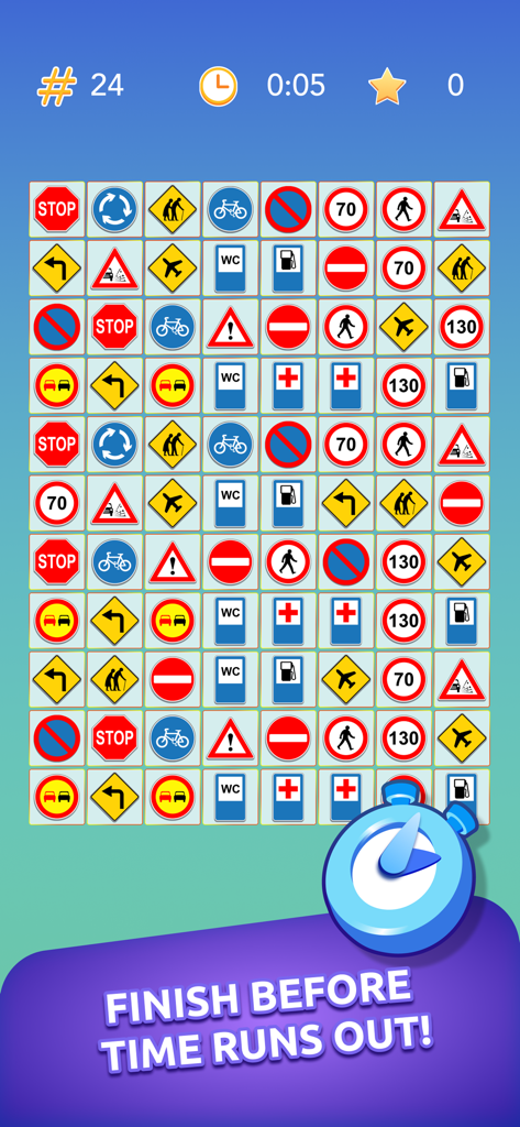 Onnect – Pair Matching Puzzle - Onnect pair matching puzzle board with road sign tiles and a timer challenge