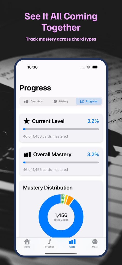 Jazz Piano Voicings - A progress tracking screen in the Jazz Piano Voicings app showing current mastery level and chord card distribution chart.