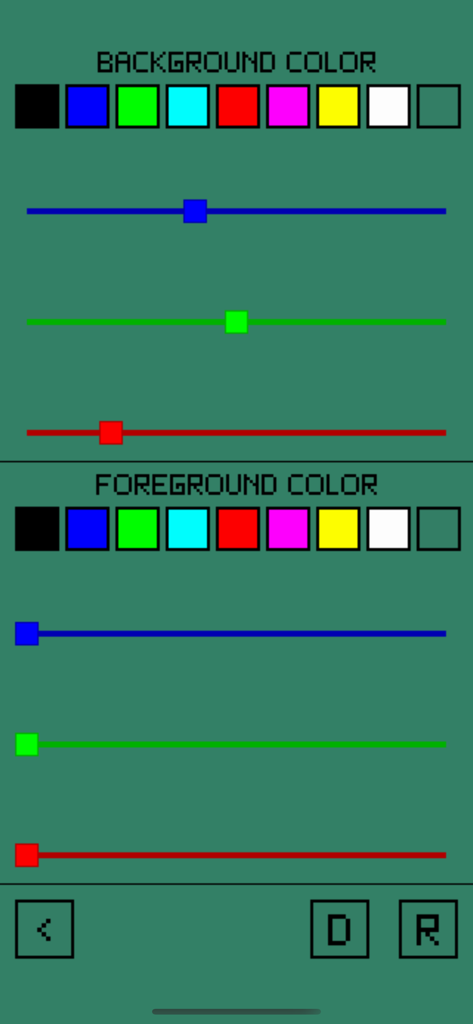 Snake Classic Retro Arcade settings screen showing color customization options for background and foreground with RGB sliders