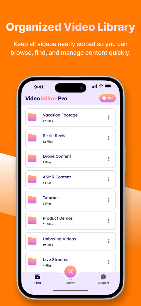 Flexclip - Video Editor - Una interfaz de smartphone mostrando carpetas de vídeo organizadas como 'Vacation Footage' y 'Sizzle Reels' en la aplicación Flexclip