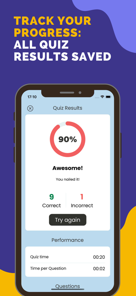 Principles of Management Prep - Quiz results screen in the Principles of Management Prep app showing a ninety percent score and performance metrics