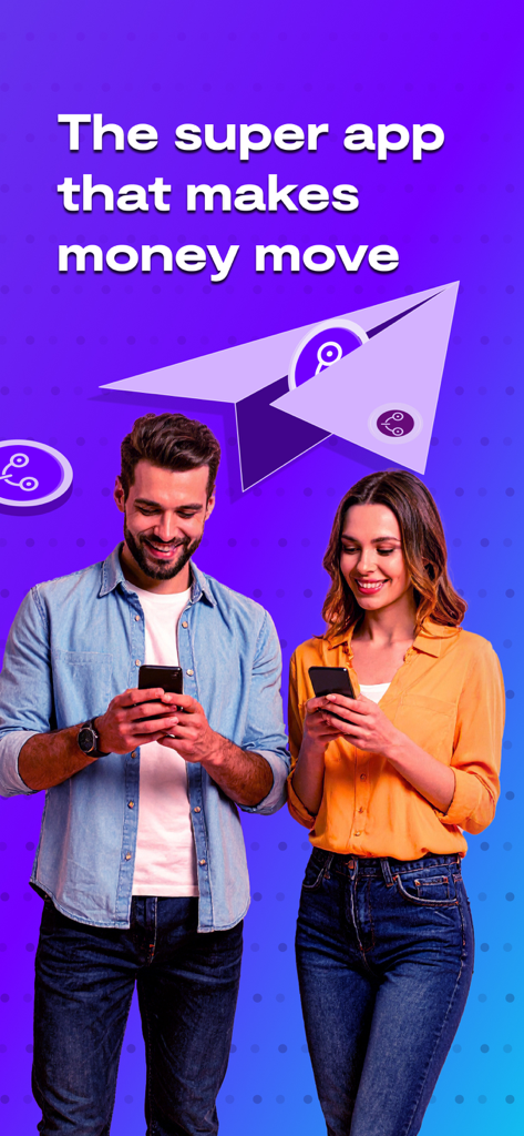 A man and a woman smiling while using their smartphones to transfer money via the Chimoney super app