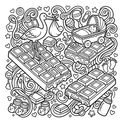 Welcome a new baby with a delightful twist! This unique coloring page combines the joy of baby showers with irresistible chocolate bars, creating a truly sweet experience. Get ready for a heartwarming coloring adventure!