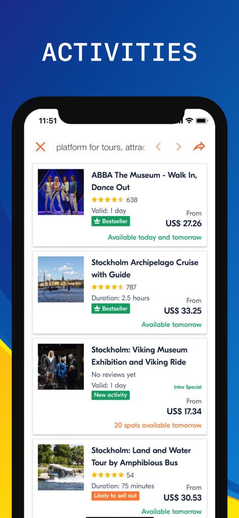스톡홀름 여행 가이드 앱에 미국 달러로 표시된 가격과 함께 도시 투어 및 활동 목록이 표시됩니다.