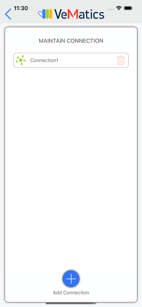 VeMatics CP500 Maintenance app interface showing a list of remote connections and an add button