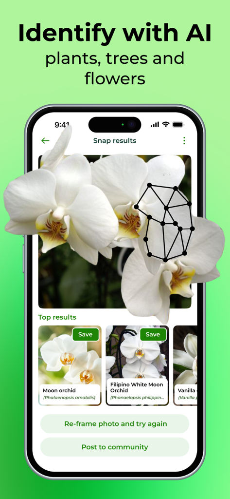 PlantSnap - Plant Scanner - A smartphone screen showing the PlantSnap app identifying a white orchid using AI technology