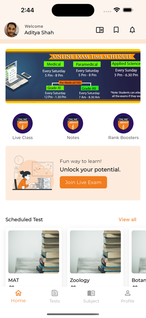 Online Vibrant - The Online Vibrant app home screen displaying exam schedules for medical entrance preparation