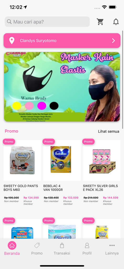 Clandys - Clandys app home screen showing promotional baby products like diapers and formula with member discount prices