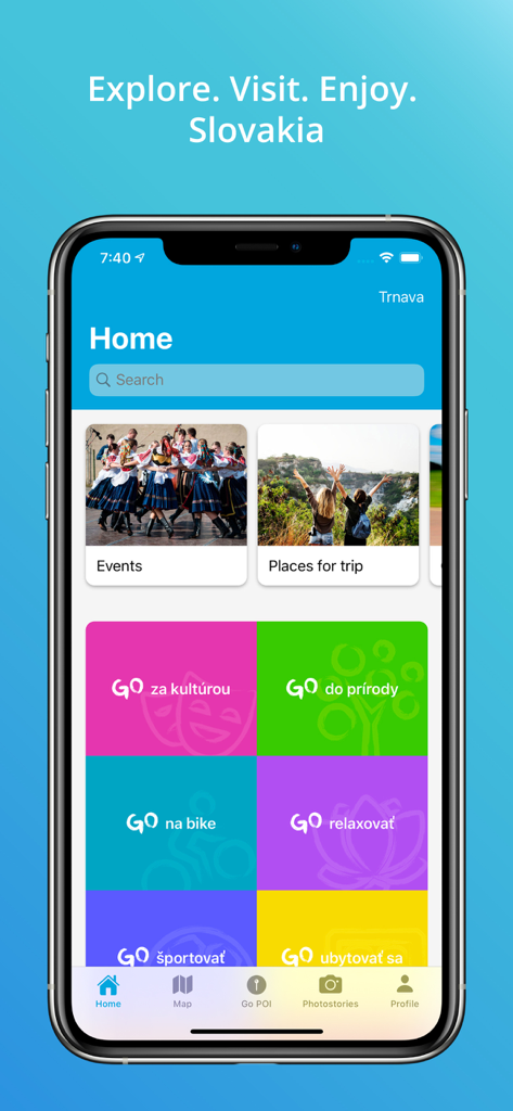 GoSlovakia - GoSlovakia travel app home screen displaying categories for culture nature and cycling