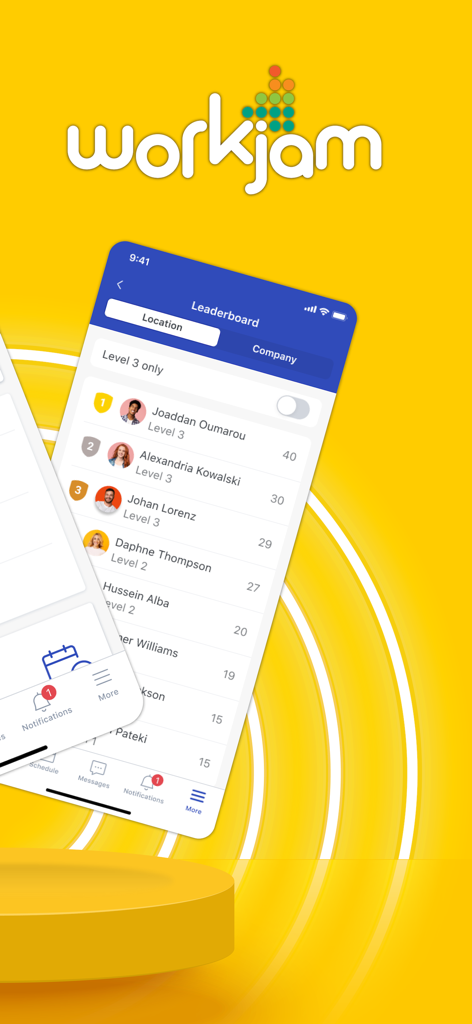 WorkJam mobile app showing employee performance leaderboard
