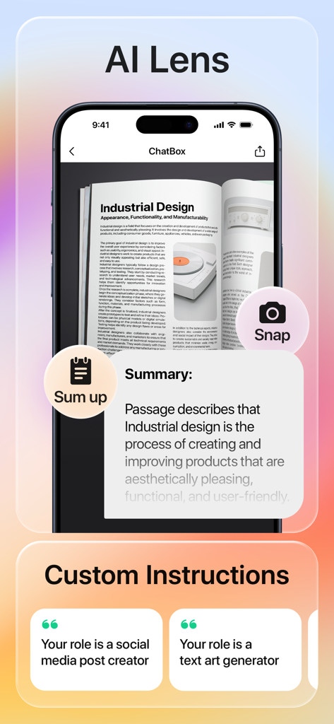 Mobile app interface displaying AI Lens summarizing a textbook page and custom AI persona instructions for social media creation.