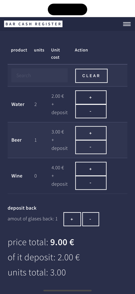 Bar Cash Register PRO - Checkout screen of Bar Cash Register PRO app showing drink items and glass deposit calculation