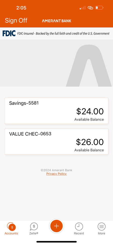 Amerant Mobile Banking account screen showing savings and checking balances