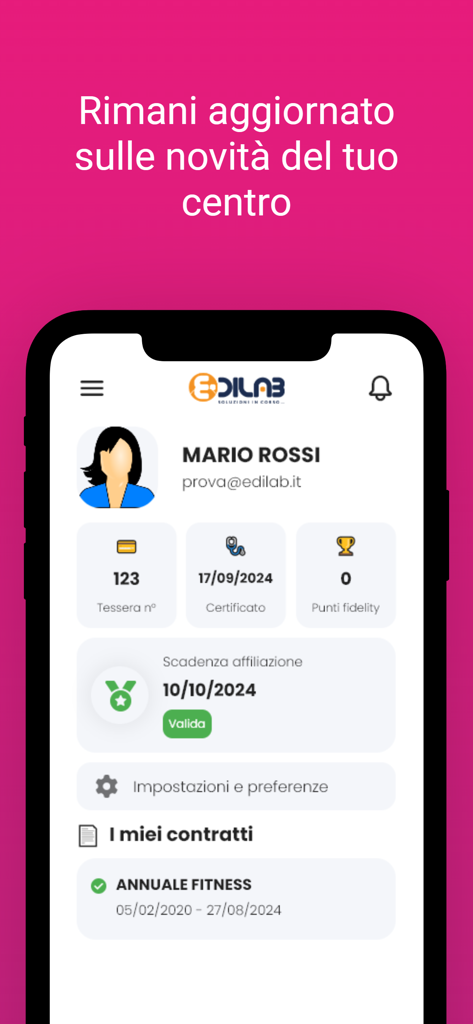 Sporty - Benutzerprofilbildschirm der Sporty Fitness-App mit Angaben zur Mitgliedschaftsgültigkeit und Vertragsinformationen