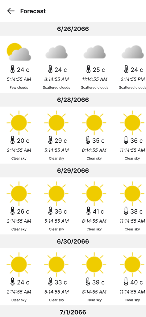 Interfaz de pronóstico del tiempo en la aplicación GR10 que muestra temperaturas de varios días y condiciones del cielo para excursionistas.