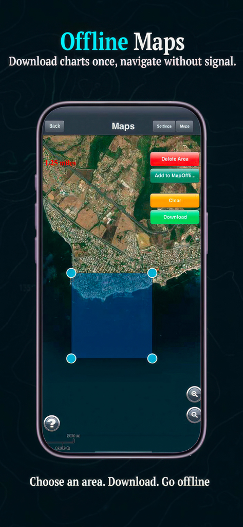 Smartphone-Bildschirm zeigt die Benutzeroberfläche der Marine Navigation Lite App zum Auswählen und Herunterladen von Offline-Küstenkarten