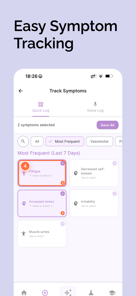 Symptive: Hormone Health - Symptive app interface for tracking hormone related symptoms like fatigue and stress during menopause.